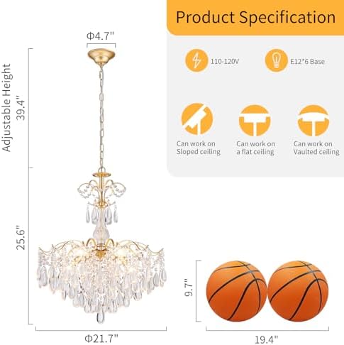 WUZUPS 6-Light Crystal Chandelier Pendant Ceiling Light Modern Lighting Fixture for Bedroom Hallway Bar Kitchen Bathroom, H 25.6" W21.7, E12 Base, Gold - Image 2