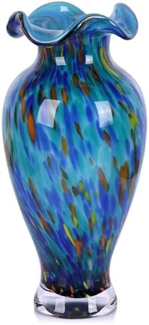 12.2H Murano Hand Blown Glass Vase, Ruffled Scalloped Rim Wide Mouth Colorful Decorative Flower Vase,Large Glass Centerpiece for Living Room,Bathroom,Office,Bookshelf,Entryway,Mantel Decor(Light Blue) by PlivBloom