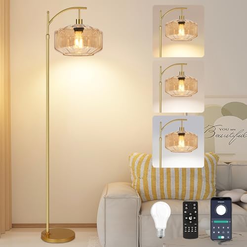 Vintage Floor Lamps for Living Room Glass Floor Lamp with Remote Control,Dimmable Floor Lamp Gold Mid Century Modern Standing Lamp 3 Color Temperature Brass Tall Floor Lamps for Bedroom Corner by ZECOXOL
