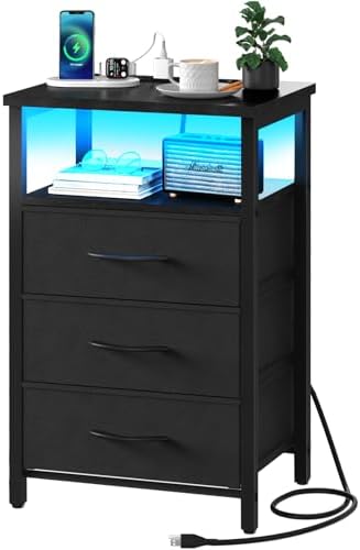 Yoobure Night Stand with Charging Station, Black Nightstand with 3 Fabric Drawers and Storage Shelf, LED End Table with USB Ports and Outlets, Bedside Table for Small Space, Small Dresser for Bedroom by Yoobure