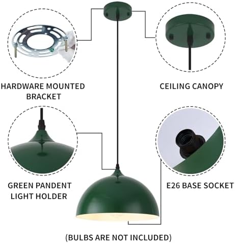 Farmhouse Pendant Light, 11.8inch, 2 Packs- Green Industrial Kitchen Pendant Lights, Pendant Lights Kitchen Island, Pendant Light for Bedroom, Office, Kichen Sink, Library - Image 3