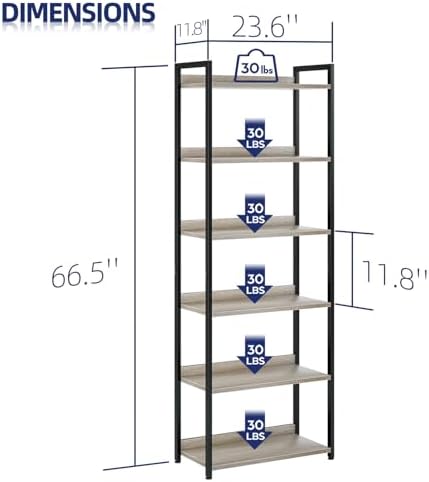 NUMENN Bookshelf, 6 Tier Freestanding Shelving Unit, Grey - Image 3