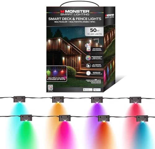 Monster Smart 50ft Deck & Fence Lights, WiFi Color Changing Outdoor LED String Lights, Multi-Color + Warm White, App & Voice Control, Music Sync, Waterproof, Compatible with Alexa & Google by Monster