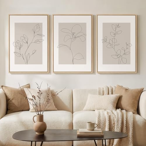Framed Neutral Minimalist Floral Wall Art for Living Room, 3 Piece 16x24 In by Cuspin