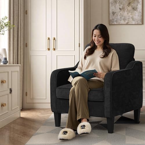 Accent Chair for Living Room, Mid Century Modern Reading Chair for Bedroom, Upholstered Armchair with Side Pockets, Comfy Single Sofa Side Chair for Office, Apartment, Small Room, Black - Image 3