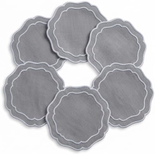 Linen Coasters for Drinks, Set of 6, 4.5 inch, Grey by EmbroideryLinenVN