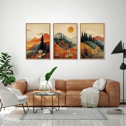 LHIUEM Large Boho Mountain Sunset Framed Canvas Wall Art Set, Pine Tree Flowers Wall Decor, Nature Landscape Forest Artwork for Living Room,Bedroom,Dining Room,Office -24"x36"x3 - Image 5