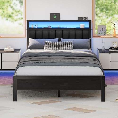 Furnulem Full Size Bed Frame with Charging Station and LED Lights by Furnulem