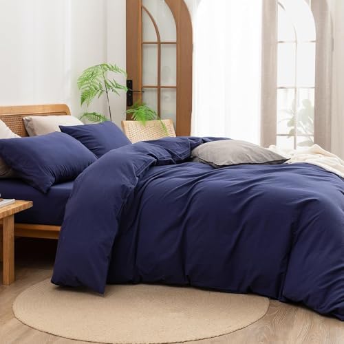 BESTOUCH Cotton Solid Duvet Cover Set Linen Feel Navy Blue Super King Plus - Image 3