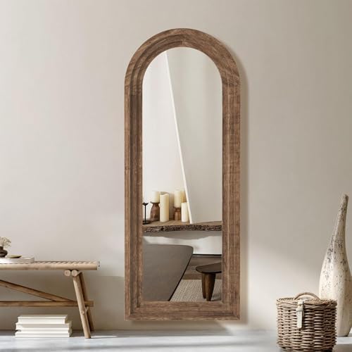 Arched Full Length Mirror with Solid Wood Frame 65x24 Inch Wall Mounted Floor Mirror, Vertical Hanging Leaning Standing Mirror for Living Room, Bedroom, Entryway, Brown - Image 3