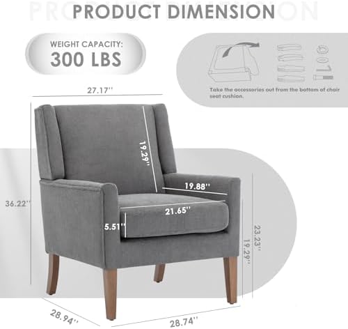 COLAMY Modern Wingback Living Room Chair, Upholstered Fabric Accent Armchair, Single Sofa Chair with Lounge Seat and Wood Legs for Bedroom/Office/Reading Spaces, Gery - Image 2