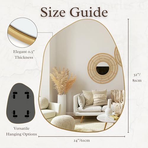 PERFNIQUE Irregular Asymmetrical Wall Mirror, 32"x24" Gold Bathroom Mirror - Image 3