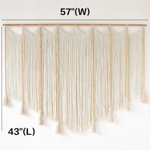 Jakalin Macrame Wall Hanging White Beads Yarn Art Boho Home Decor 57"x43" - Image 5