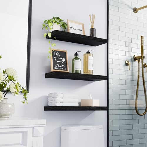 BAYKA Floating Shelves for Wall, Wall Mounted Rustic Wood Shelves for Bathroom, Bedroom, Living Room, Kitchen, Hanging Shelf for Books/Storage/Room Decor with 22lbs Capacity (Black, Set of 3, 15.7in) - Image 6
