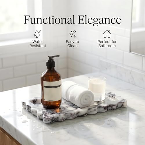 Genuine Scalloped Marble Tray 11.8"x7.8", Non-Slip Fluted Vanity Tray for Bathroom & Kitchen, Modern Organic Stone Catchall Dish for Keys, Candle, Jewelry, Decorative Serving Tray (Calacatta Viola) - Image 4
