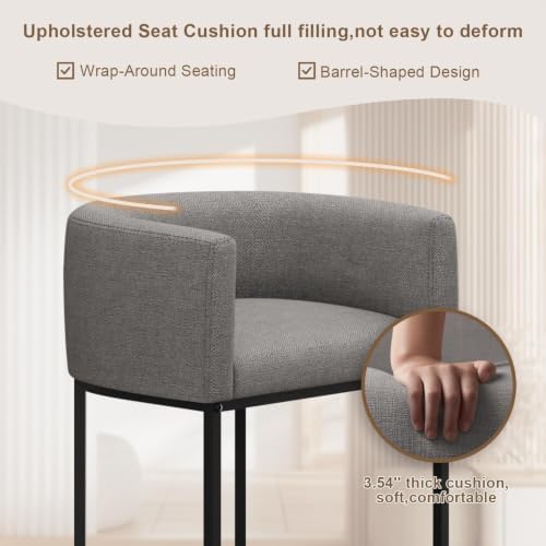 26" H Counter Height Bar Stools Set of 2, Modern Barrel Counter Stools with Backrest and Arms, Linen Fabric Upholstered Accent Barstools for Kitchen Island,Support 450 LBS (Gray) - Image 5