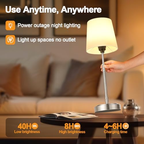 Cordless Table Lamps Set of 2 – Battery Operated Lamp with 7500mAh Rechargeable Battery, Stepless Dimmable Vintage Brushed Nickel Touch Desk Lamps for Dining Room, Nightstand & Patio (Bulbs Included) - Image 5