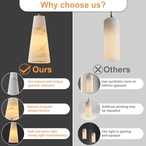 Natural Alabaster Pendant Lights Kitchen Island, H-10in White Pendant Light Fixtures, Light Pendan Marble Conical Shade Copper, for Bedroom Bathroom Dining Room Living Room (Dimmable Bulbs INCL) - Image 5