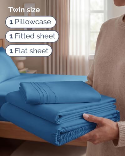 Twin Size 3 Piece Sheet Set - Breathable & Cooling Sheets - Denim Blue - Image 3