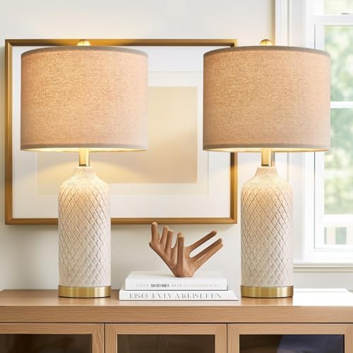 24.25" Table Lamps Set of 2 Modern White Ceramic Lamps Living Room Bedroom by G-SAFAVA