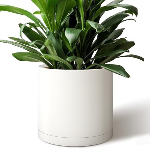 Giraffe Creation 12 Inch Cylinder Plant Pot, Modern Round Planter with Drainage Holes and Saucer, Durable Plastic Flower Pot for Indoor Outdoor Plants, White by Giraffe+Creation