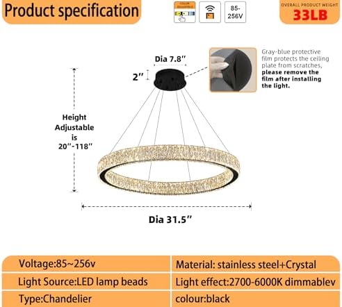 Modern Crystal Ring Chandelier 31.5in Ring Pendant Light Adjustable LED Dimmable Black Crystal Chandelier for Dining Room Living Room - Image 2