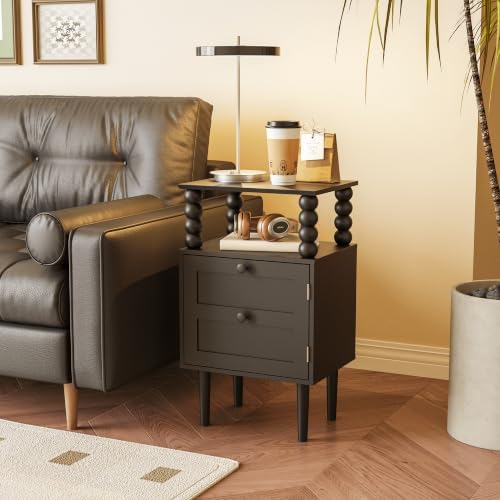 Nightstand with Storage Drawer and Open Wood Shelf,Solid Wood Legs (Black) - Image 4
