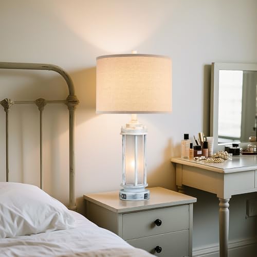 AIEAMPDO 25" Set of 2 Antique White Rustic Table Lamps 2 USB C+A Ports - Image 7