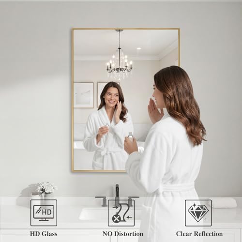 Koonmi Gold Rectangle Wall Mirror, 24x32 Inch Bathroom Mirror, Aluminum Frame Vanity Mirror for Entryway, Living Room, Bedroom Bathroom, Hangs Horizontally or Vertically - Image 3