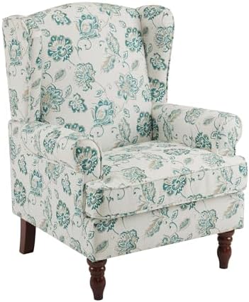YOLENY Floral Accent Chair, High Back Upholstered Armchair with Solid Legs, Leisure Single Sofa Chair for Living Room, Bedroom, Home Office, Light Cyan Floral by YOLENY