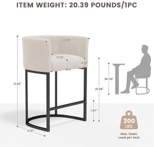 GRUSIGN Chenille Counter Height Bar Stools Set of 1, 26" Kitchen Island Stools with Arms & Footrest, Upholstered Barrel Back Bar Chairs for Kitchen， Dining Room, Bar & Lounge Area, Off-White - Image 2