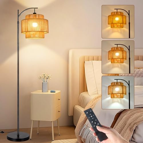 ILLMTW Rattan Floor Lamp for Living Room Bedroom Boho Arc Standing Lamp with Remote Dimmable Black Farmhouse Wicker Bamboo Lamp Shade Floor Light Tall Lamp Industrial Floor Lamps Bohemian Decor by IlluminateTheWorld