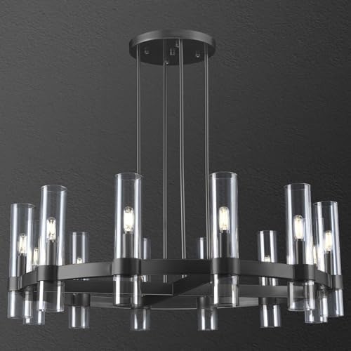 12 Light Black Round Chandelier 36'' Wagon Wheel Chandeliers for Dining Room Light Fixture Clear Glass Tube Chandelier Modern Farmhouse Chandeliers for Living Room Bedroom, Bulb Included by Knurldon