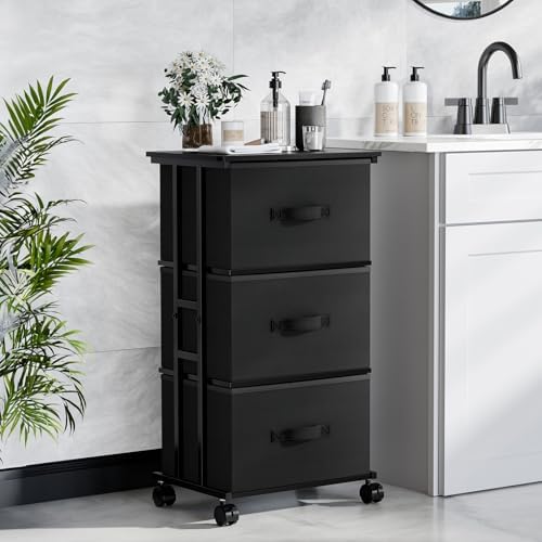 DUMOS Nightstand, Bedside Table with 3 Fabric Drawers - Image 4