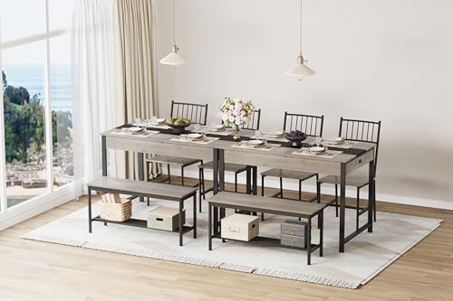 GarveeHome Dining Table Set for 4,Kitchen Table with Bench & 2 Chairs, Grey - Image 4