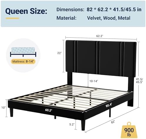 Allewie Queen Platform Bed Frame with Velvet Upholstered Headboard - Image 2