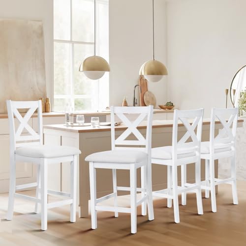 COLAMY Wooden Bar Stools Set of 4, Counter Height Bar Stools, Mid Century Modern Bar Stools with Backs, 25 Inch Upholstered Fabric Wooden Barstools for Kitchen Island Dining Room Bar, Grey White Wash by COLAMYHOME
