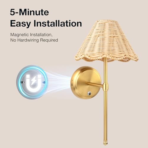 Battery Operated Boho Rattan Wall Sconce Set of 2, Stepless Dimming Magnetic Wall Lamp, 5200mAh Rechargeable Battery and Integrated LED, for Living Room Bedroom Hallway Corridor - Image 3