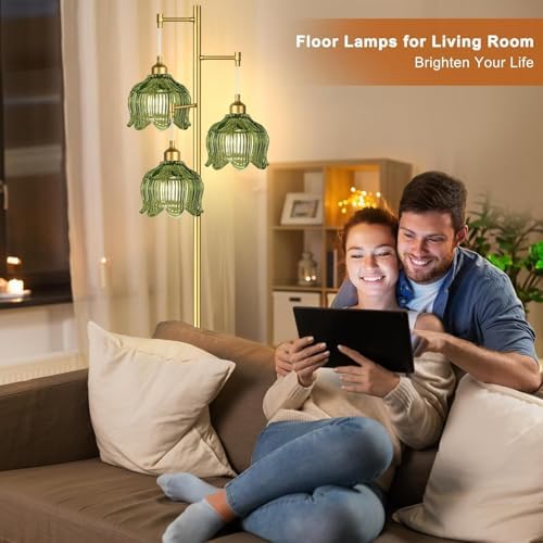 Vintage Floor Lamps for Living Room Bedroom-3 Light Gold Floor Lamp with Glass Lampshape, Flower Green Tall Lamp Mid Century Modern Standing Lamp Tree Floor Lamp for Bedroom Living Room Corner - Image 3