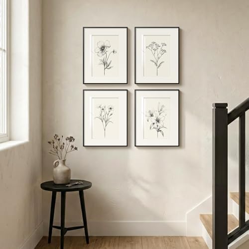 Framed Retro Black and White Floral Wall Art for Bedroom, 4 Piece 12x16 In - Image 5