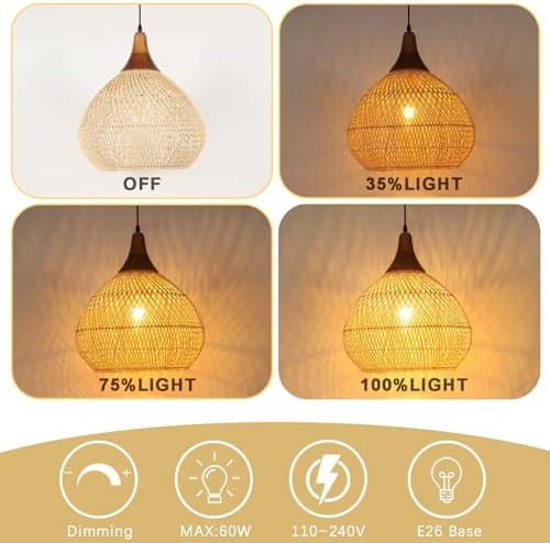 Rattan Pendant Light, 15.7" Rattan Chandelier Hand-Woven Boho Pendant Light Fixtures with Solid Wood, Basket Wicker Chandelier for Dining Room Kitchen Island Living Room - Image 4