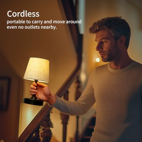 ONEWISH Small Cordless Lamp, Battery Operated Table lamp Dimmable, 4000mAh Rechargeable, Touch Bedside Lamp with Beige Linen Shade, 2700K Bulb Included, for Dining, Patio, Bathroom(Black) - Image 2