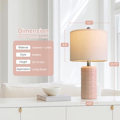 PoKat 20.75" Pink Ceramic Table Lamps Set of 2, Small Modern Bedroom Lamps for Girls Room, Bedside Lamps for Night Stands, Cute Lamps for Living Room Decor, Nightstands Desk Lamp, Light Pink - Image 2