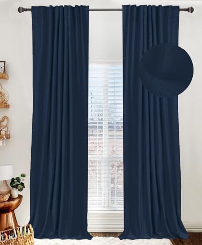 Faux Linen Total Blackout Curtains for Bedroom 72 Inch Long Midnight Blue by 100BlackoutShield