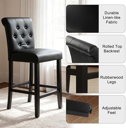 LSSBOUGHT 24 Inches Leather Counter Height Stools Set of 4 with Solid Wood Legs Bar Chairs for Kitchen lsland & Dining Room(Black,4PCS) - Image 4