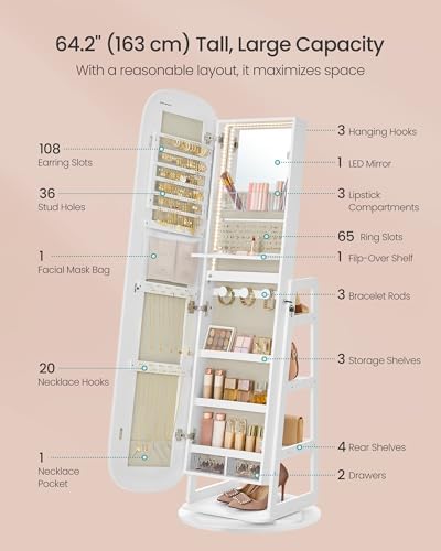 SONGMICS LED Jewelry Cabinet, 360° Swivel, Lockable, Full-Length Mirror - Image 4