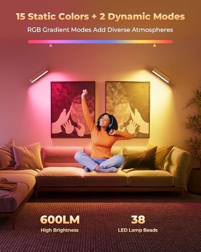 PopoIron Rechargeable LED Wall Sconces Set of Two,Wall Lights for Bedroom with Remote Control and Touch,360° Magnetic Rotation,3 Colors Dimmable Brightness Wood Wall Lamps with 15 RGB Colors,2 Pack - Image 2