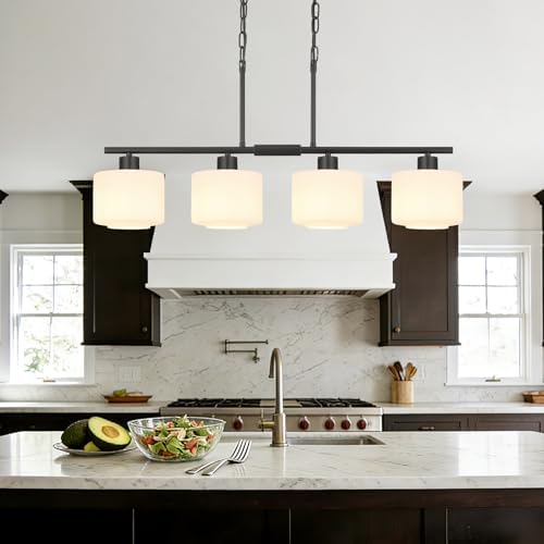 4-Light Kitchen Island Lighting, Modern Black Linear Dining Room Chandelier Light Fixtures with Milk Glass and Chain, Farmhouse Hanging Lights for Kitchen Island Dining Room, OS-YQ8153-4ISBKW - Image 6