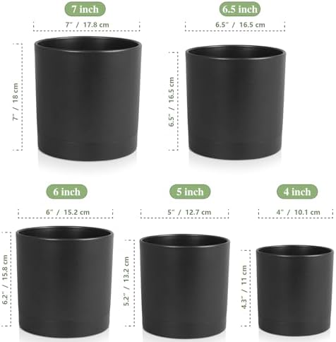 Meowell 7/6.5/6/5/4 inch Plant Pots for Small Indoor Outdoor Plants, 5 Pack Cylinder Flower Pots with Drainage Holes and Saucers, Plastic Planters for Garden Succulent House Plants, Black - Image 2