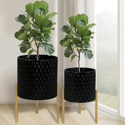 ARNIS Plants Pots with Stand, Set of 2 Planters, Unique Mid Century Decorative Metal Flower Pots with Drainage, 8.25 & 10.5 Inch, Black by ARNIS